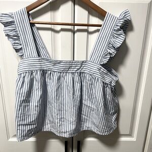 Celebrity Pink Ruffled sleeve top White and Blue Strip Crop Top Large